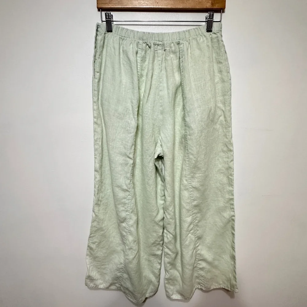 FLAX 100% Linen Wide Leg Pants Womens Small Mint Green Elastic Waist *Flaw